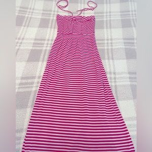Pink and white stripe maxi dress. Ties can be hidden for strapless look. Size M